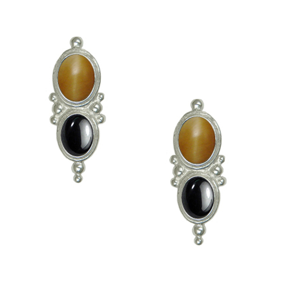 Sterling Silver Drop Dangle Earrings With Honey Tiger Eye And Hematite